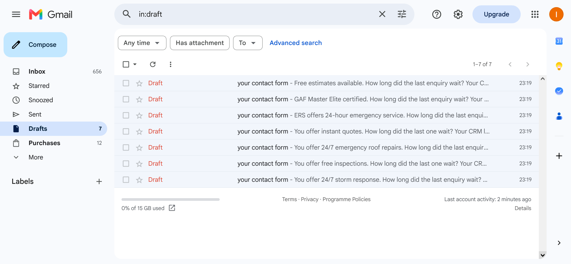 Gmail drafts folder showing seven written emails
